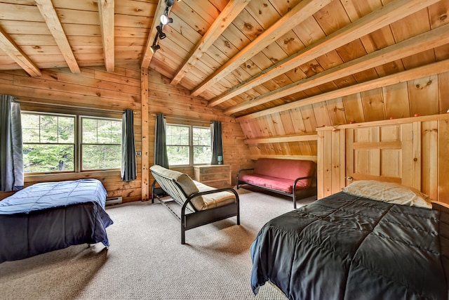 bedroom featuring wooden ceiling, wood walls, lofted ceiling with beams, and carpet flooring