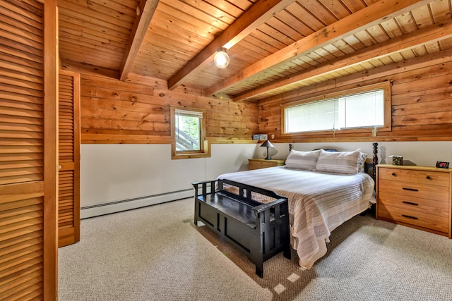 bedroom with wood walls, beamed ceiling, light colored carpet, a baseboard radiator, and wooden ceiling