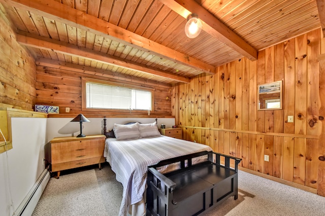 bedroom with a baseboard heating unit, wood walls, wood ceiling, and beam ceiling