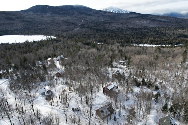 snowy aerial view with a mountain view