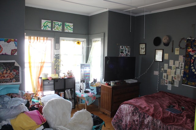 bedroom with wood-type flooring and crown molding