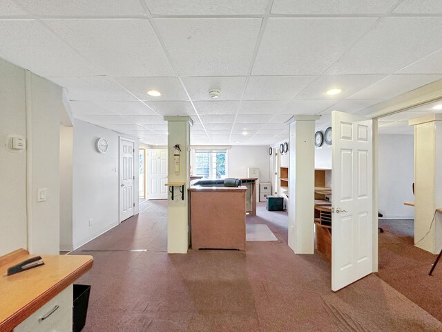 kitchen with carpet and a drop ceiling