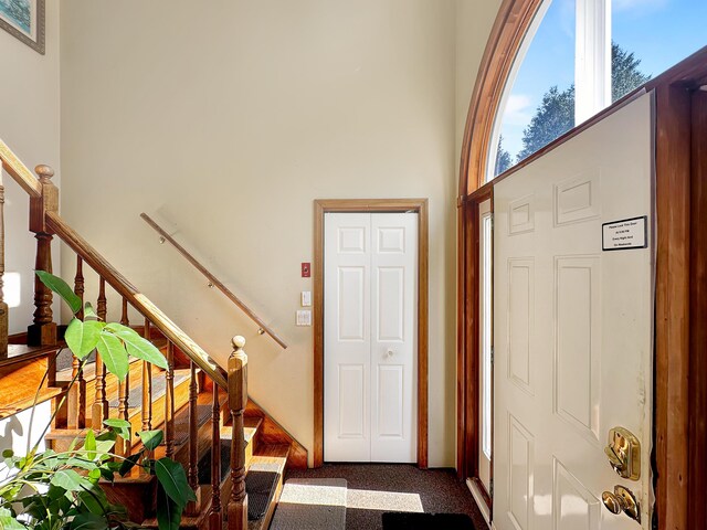 carpeted foyer entrance featuring a high ceiling