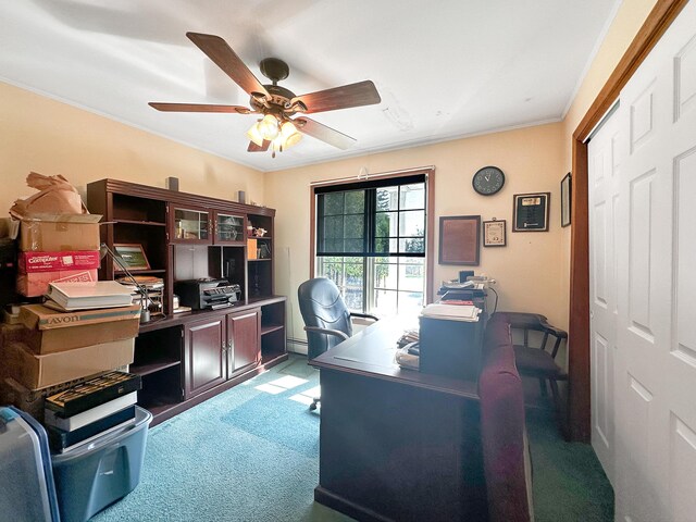 carpeted office space featuring ornamental molding, a baseboard heating unit, and ceiling fan