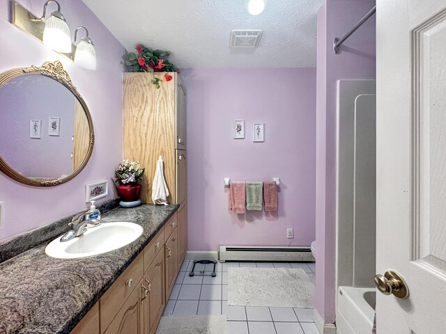 bathroom with vanity, baseboard heating, a textured ceiling,  shower combination, and tile patterned floors