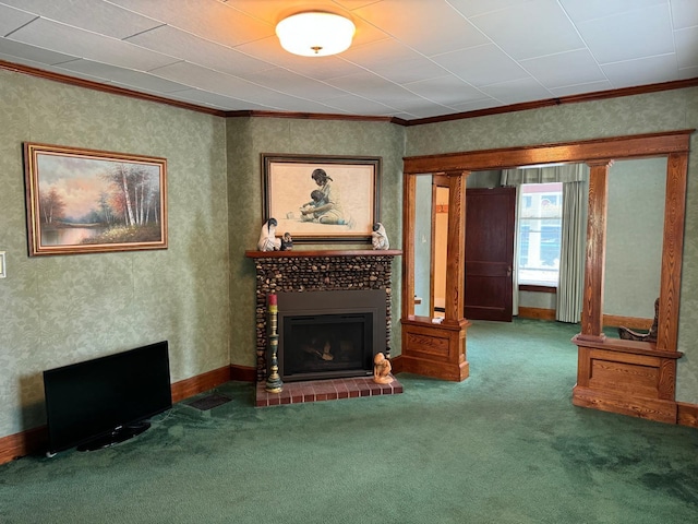 37 Fisher St, Fort Fairfield, ME 04742 - unfurnished living room with crown molding, a brick fireplace, and carpet