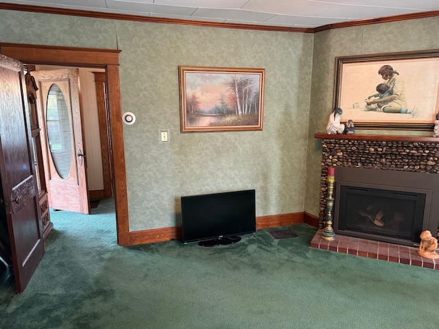 37 Fisher St, Fort Fairfield, ME 04742 - carpeted living area featuring crown molding and a tile fireplace
