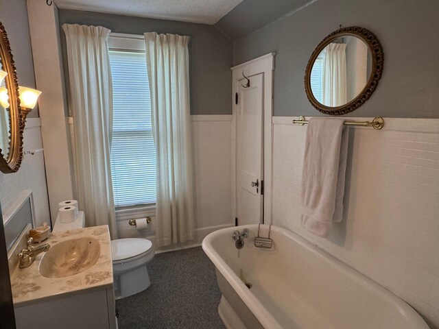 bathroom featuring lofted ceiling, vanity, a bath, toilet, and a textured ceiling