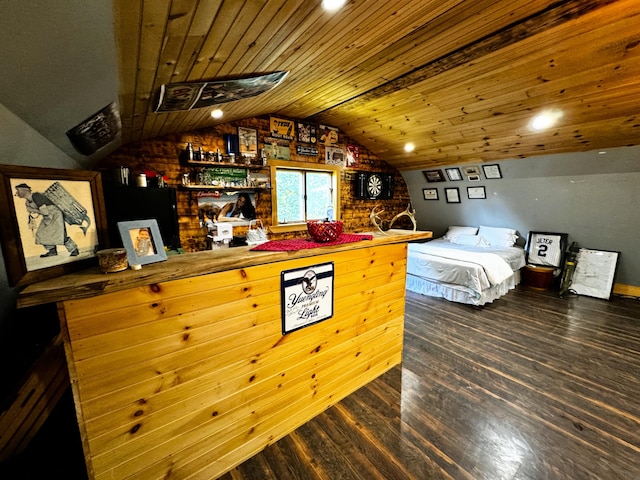 interior space featuring wooden ceiling, lofted ceiling, wood walls, and dark hardwood / wood-style floors