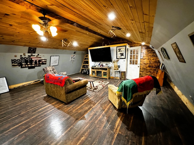 living room with wood ceiling, brick wall, dark hardwood / wood-style flooring, lofted ceiling, and ceiling fan