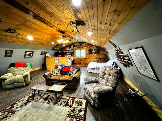 living room featuring wood ceiling, brick wall, lofted ceiling, ceiling fan, and hardwood / wood-style flooring