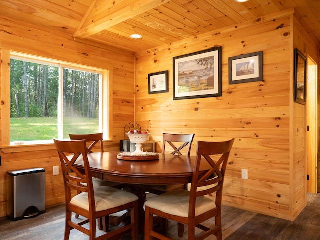 dining area featuring beamed ceiling, dark wood-type flooring, and wood ceiling