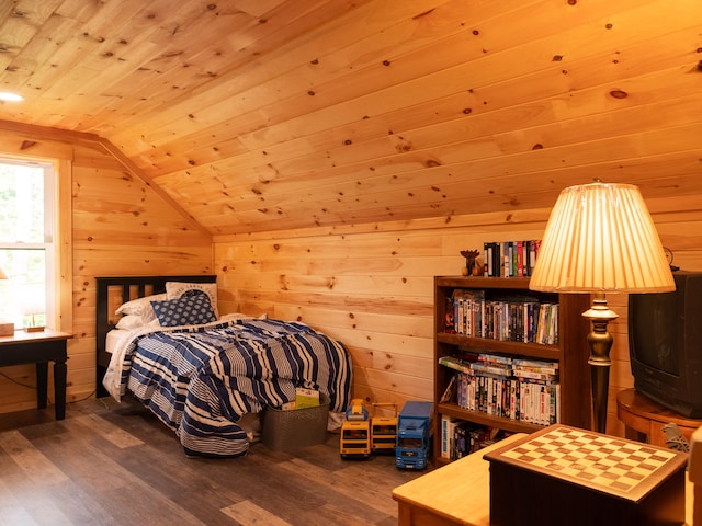 bedroom with lofted ceiling, wood walls, wooden ceiling, and dark hardwood / wood-style floors