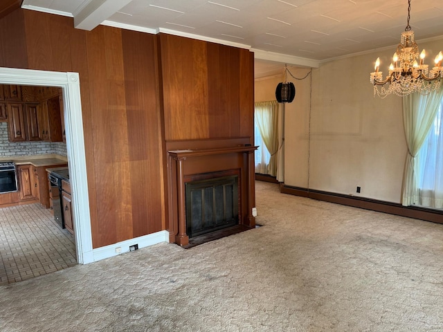 unfurnished living room featuring light carpet and crown molding