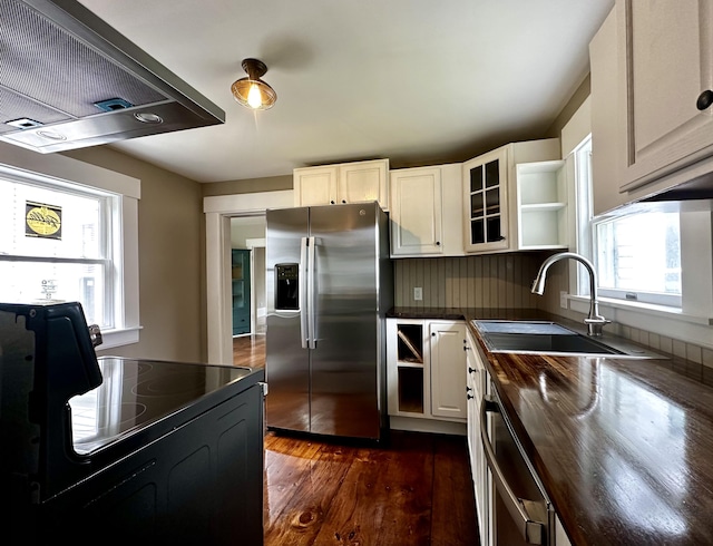 112 S St, Calais, ME 04619 - kitchen with appliances with stainless steel finishes, exhaust hood, a sink, dark wood finished floors, and glass insert cabinets