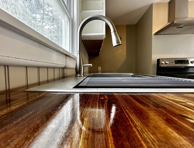 details featuring stainless steel electric range and wall chimney range hood