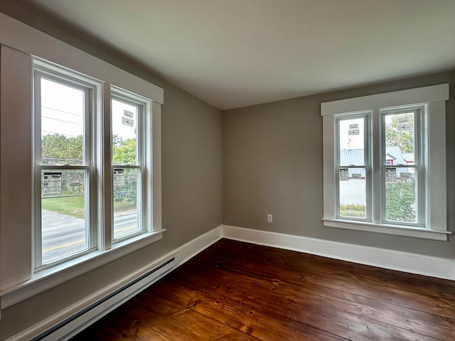 unfurnished room with dark wood-style flooring, baseboards, and a baseboard radiator