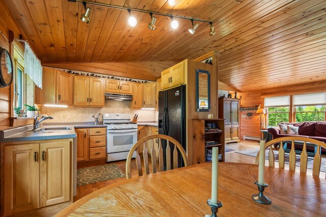 62 Antler Way, Rangeley, ME 04970 - kitchen with track lighting, gas range gas stove, under cabinet range hood, black refrigerator with ice dispenser, and lofted ceiling