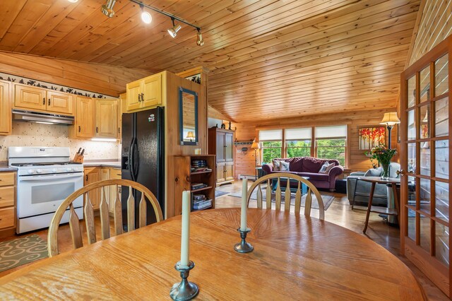 62 Antler Way, Rangeley, ME 04970 - dining space with track lighting, wood ceiling, vaulted ceiling, wooden walls, and a baseboard heating unit