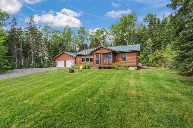 62 Antler Way, Rangeley, ME 04970 - log home featuring a standing seam roof, an outbuilding, a chimney, and a front lawn