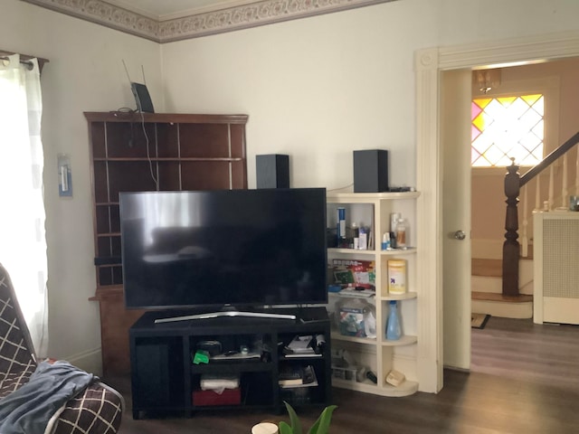 living room featuring crown molding and dark hardwood / wood-style flooring