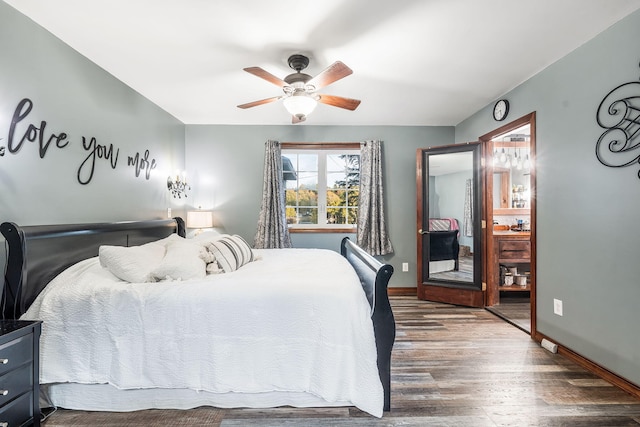 bedroom with dark hardwood / wood-style floors and ceiling fan