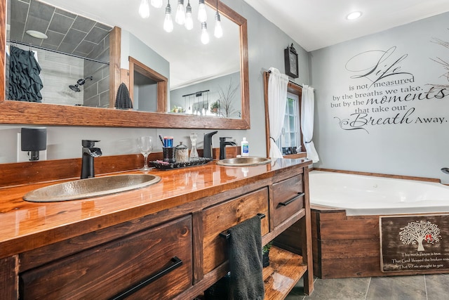 bathroom with vanity, separate shower and tub, and tile patterned floors