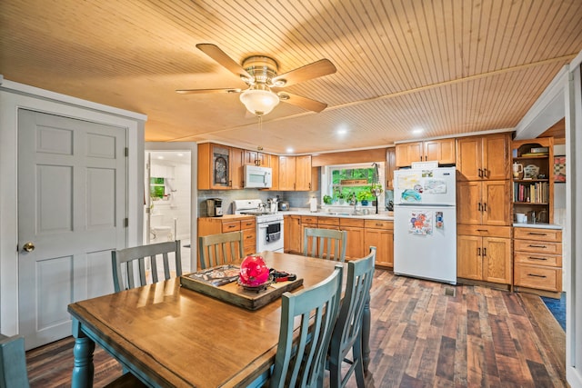 dining space with ceiling fan, sink, dark hardwood / wood-style flooring, and wooden ceiling