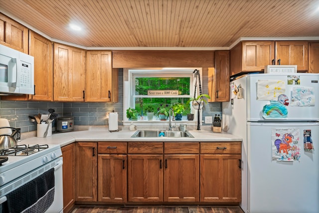 kitchen featuring sink, decorative backsplash, white appliances, dark hardwood / wood-style flooring, and wooden ceiling