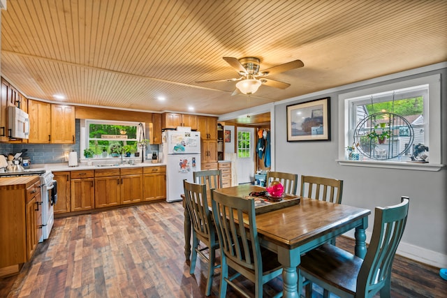 dining space with ceiling fan, sink, hardwood / wood-style floors, and wooden ceiling