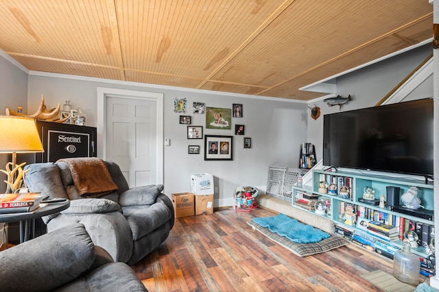 living room with wood-type flooring, wooden ceiling, and crown molding