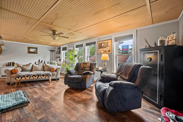 living room with ornamental molding, wood ceiling, ceiling fan, and hardwood / wood-style flooring