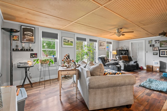 living room with wooden ceiling, dark wood-type flooring, and ceiling fan