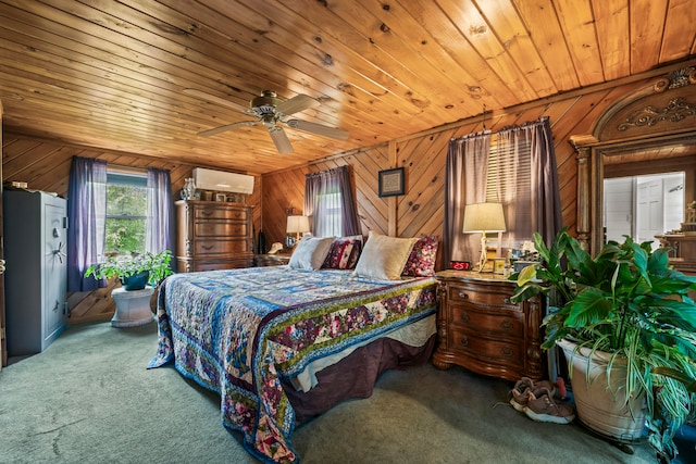 bedroom featuring carpet floors, wood ceiling, ceiling fan, and a wall mounted air conditioner