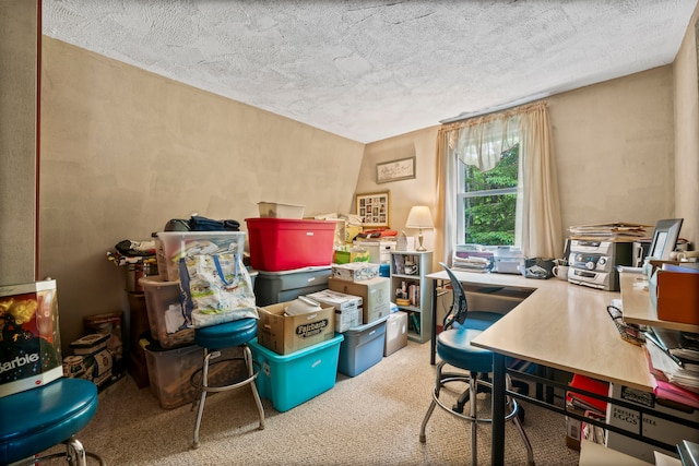 office space with light carpet and a textured ceiling