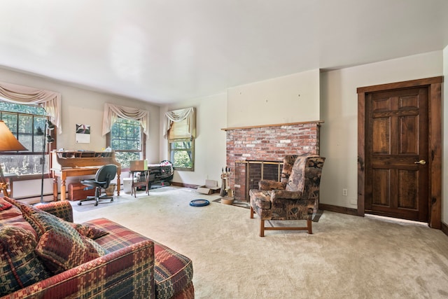 living room with carpet floors and a fireplace