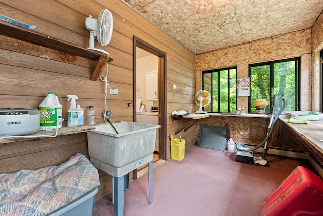 interior space featuring carpet floors, washer / clothes dryer, and wooden walls