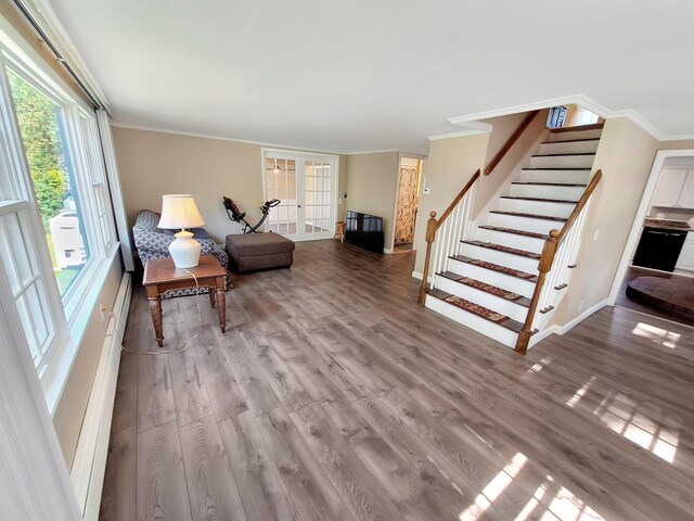 living room with light hardwood / wood-style flooring, ornamental molding, and french doors