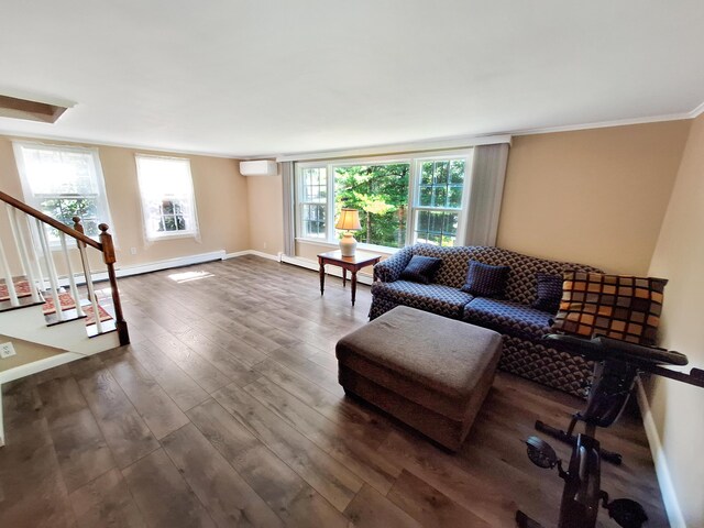 living room with ornamental molding, plenty of natural light, dark hardwood / wood-style flooring, and a baseboard heating unit