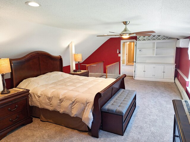 bedroom featuring a textured ceiling, vaulted ceiling, light carpet, and ceiling fan