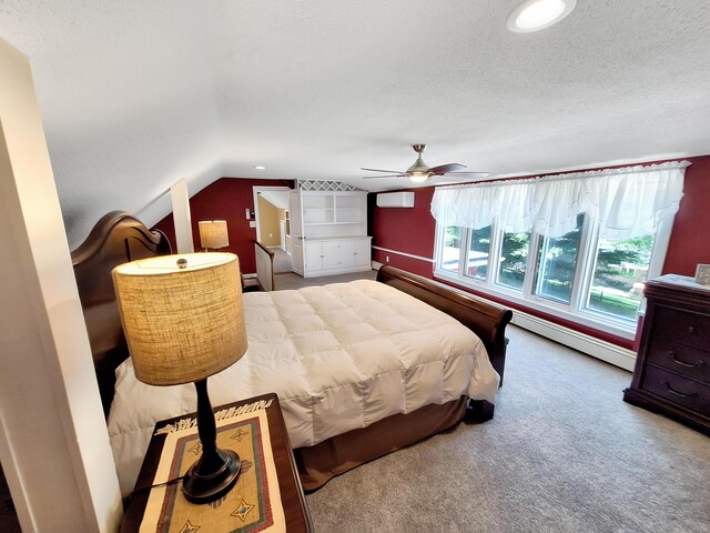 carpeted bedroom featuring a textured ceiling, lofted ceiling, baseboard heating, and ceiling fan