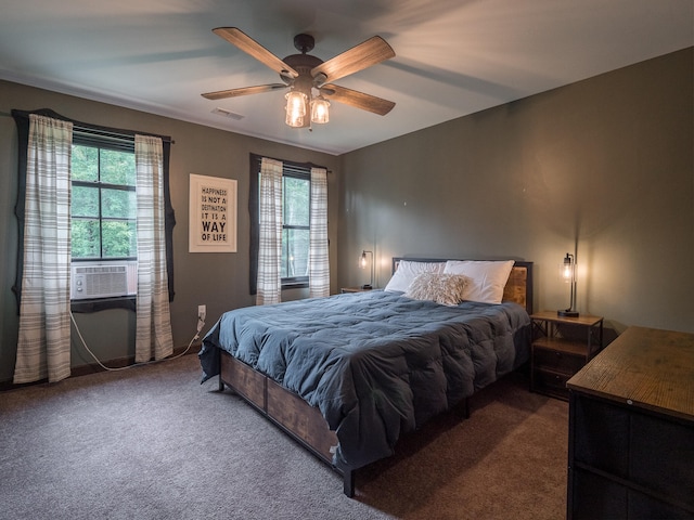 bedroom featuring cooling unit, carpet, and ceiling fan