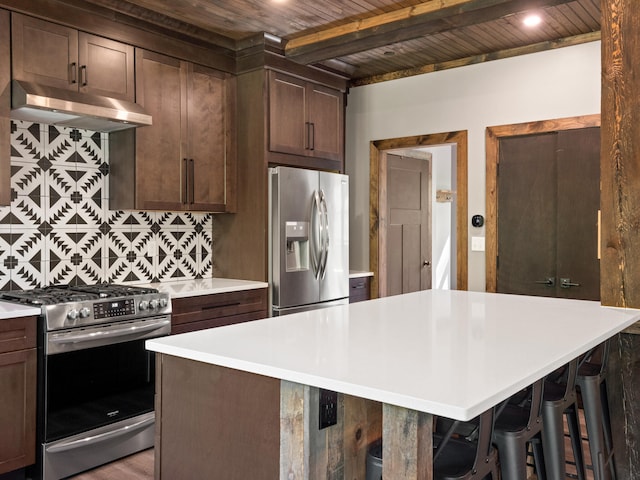 kitchen featuring a breakfast bar, stainless steel appliances, wooden ceiling, and a kitchen island