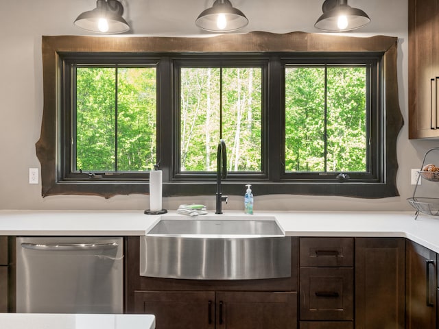 kitchen with dark brown cabinetry, stainless steel dishwasher, and sink