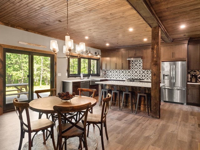 dining area featuring wooden ceiling, a chandelier, hardwood / wood-style flooring, and sink