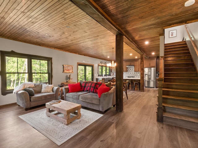 living room featuring wood-type flooring and wood ceiling