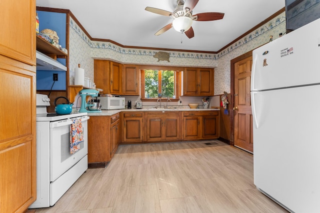 kitchen featuring sink, white appliances, exhaust hood, crown molding, and ceiling fan