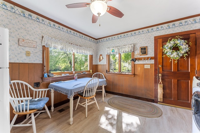 dining area with ceiling fan, light hardwood / wood-style flooring, wood walls, and ornamental molding