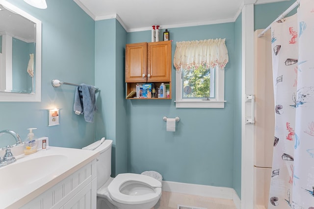 bathroom with ornamental molding, vanity, toilet, and a shower with shower curtain