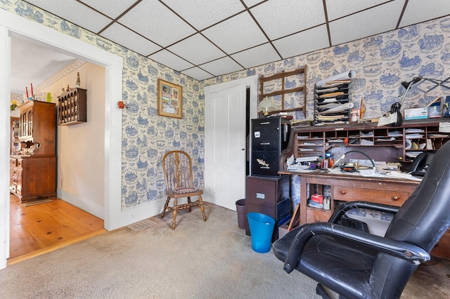 office space featuring a paneled ceiling and carpet